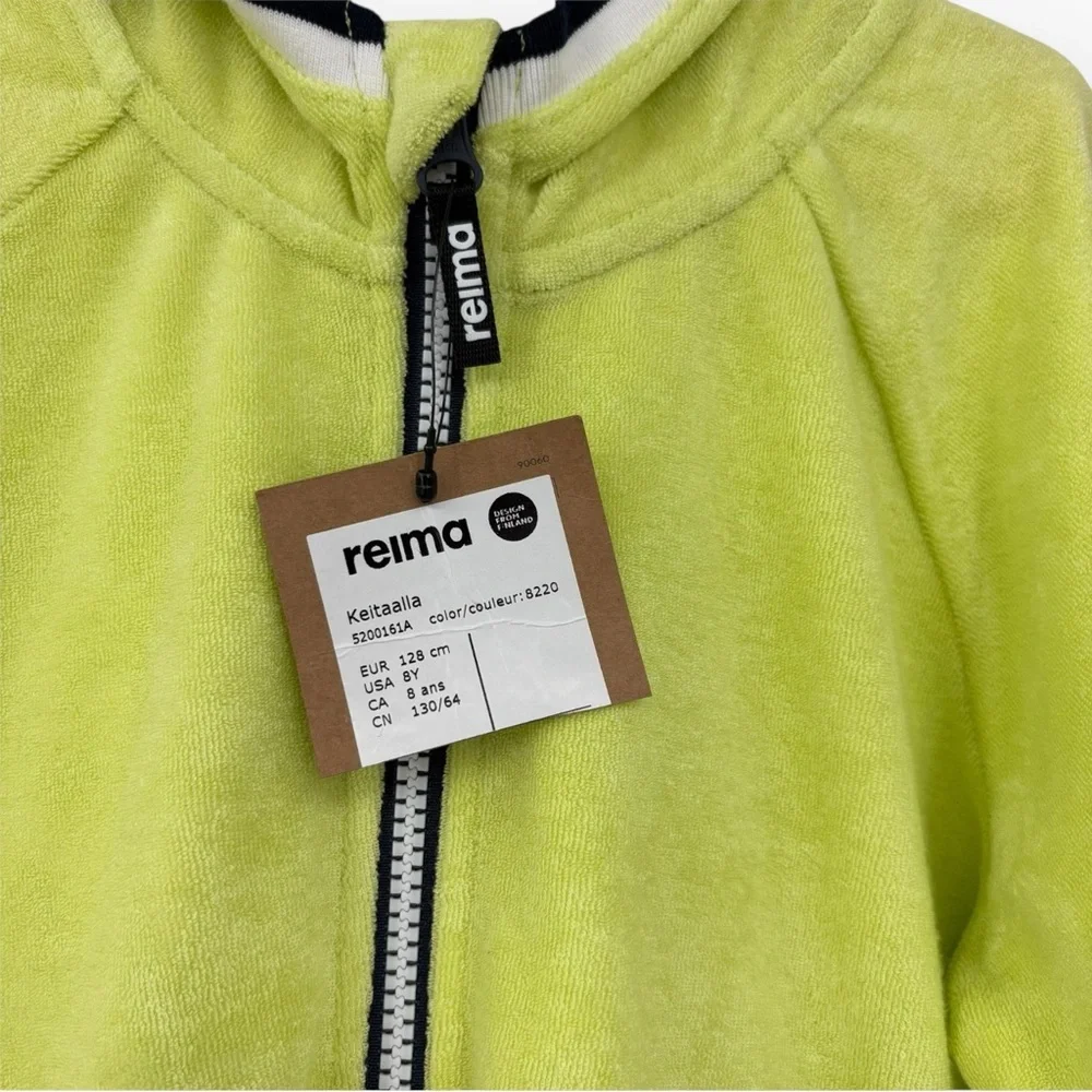 Reima Keitaalla Full Zip Hoodie in Citrus Green Terrycloth Unisex Kids SZ 8 NWT